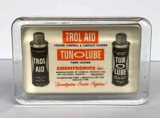 Vintage Rectangle Advertising Glass Paperweight, Chemtronics Trol Aid, TunOLube