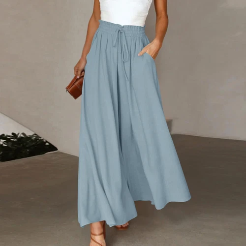 Damen Einfarbig Hose Elastischer Gürtel Weites Bein Hohe Taille Lange Culotte Hose - Bild 14 von 42