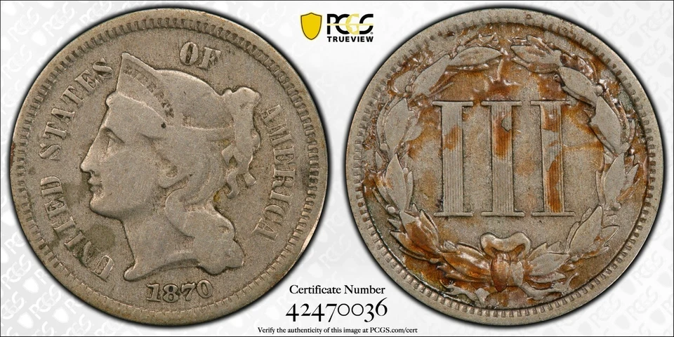 1870 3CN PCGS Gold Shield 3736 Genuine VG Details 94 Altered Surf 42470036 - Image 2 of 2