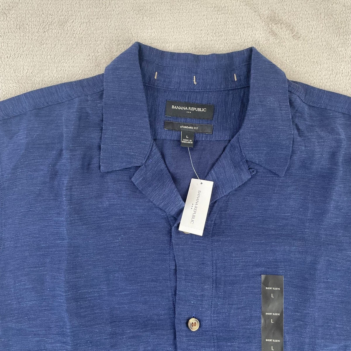 Banana Republic Satin Shirt Men Large Navy Blue Linen Blend Loop