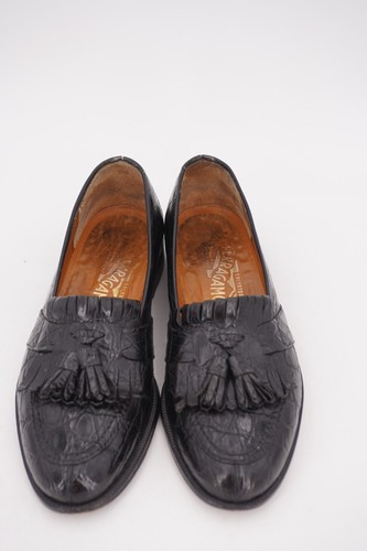 $2650 | MOCASÍN SALVATORE FERRAGAMO 8 D COCODRILO NEGRO CENTAVO PUNTA DIVIDIDA ITALIA - Imagen 14 de 19
