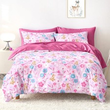 Floral Bedding Set for Girls, Cute Colorful Botanical Flowers Deers Patterned