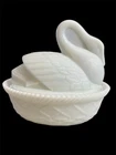 Vintage Westmoreland White Milk Glass Swan on Nest Covered Dish Basket Weave