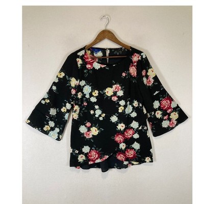 Romantic Floral Apt. 9 Womens Medium Black Bell Sleeve Tulip Hem Blouse Top
