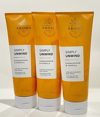3 x Bath & Body Works Aroma Simply Unwind sandalwood & Vanilla Body Cream 8 oz