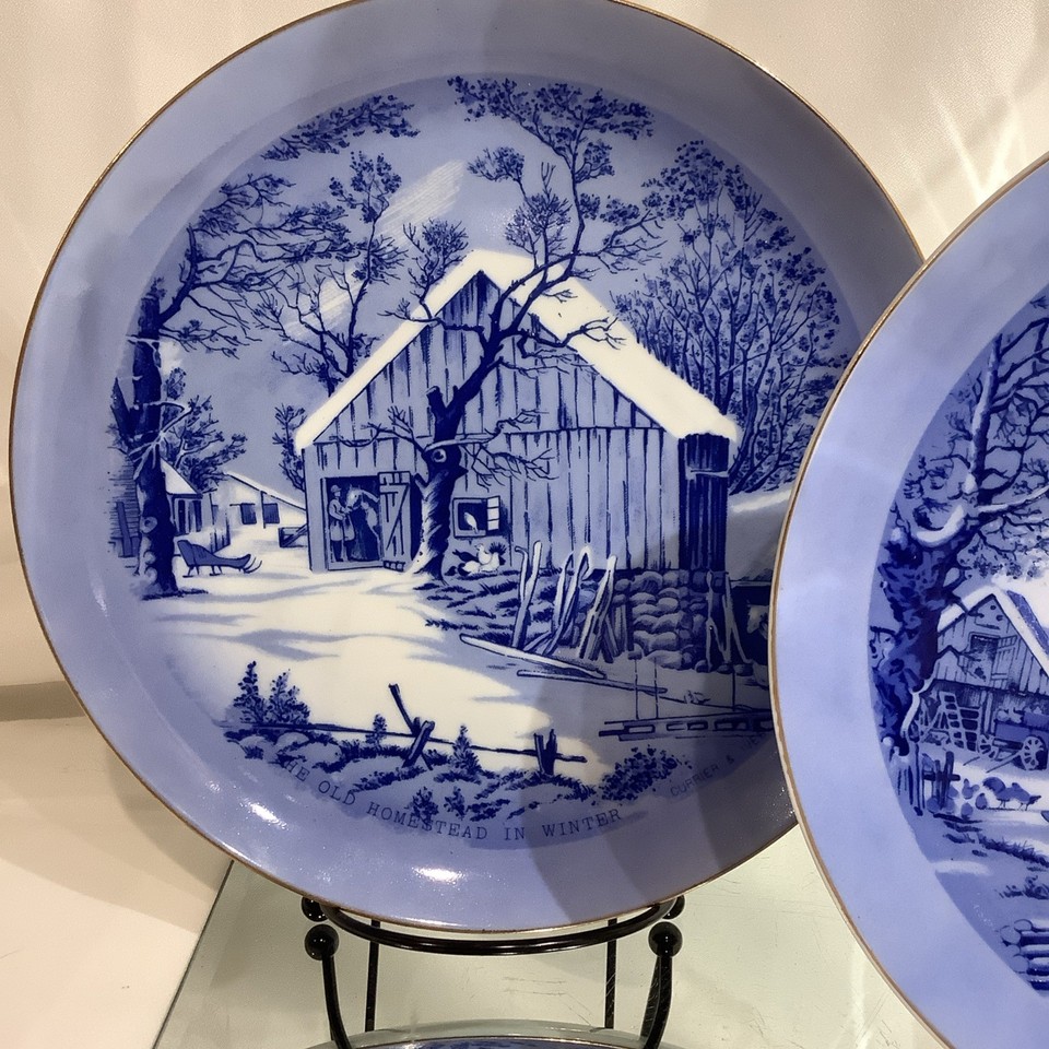2 Pc Decorative Blue Ceramic Plate Winter Barn Currier Ives Style Wall ...