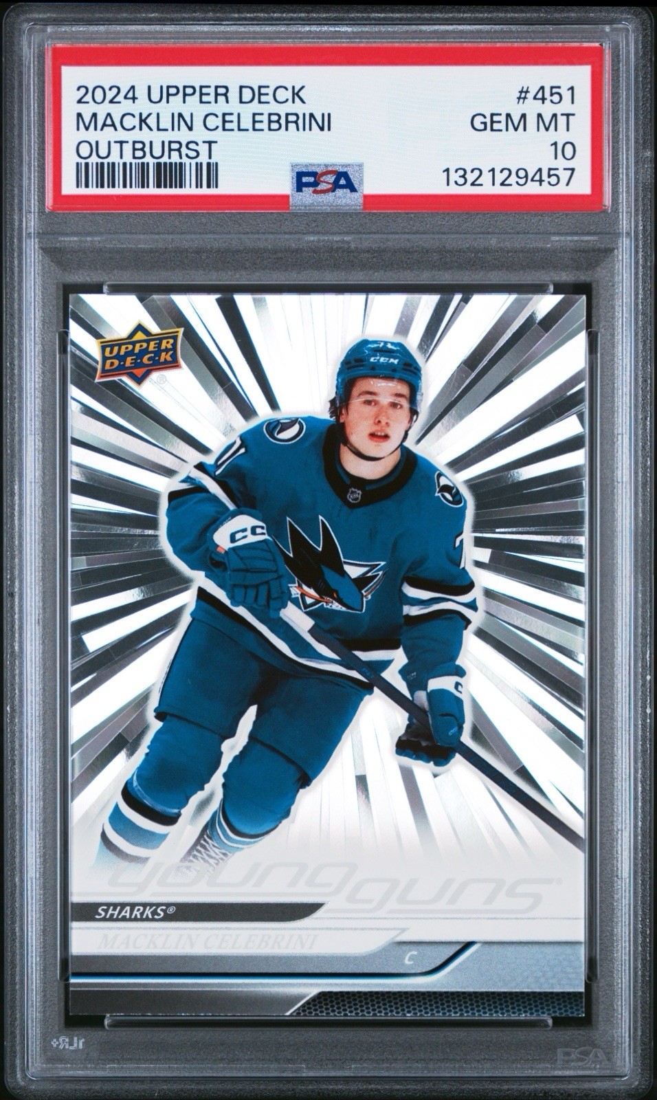 2024 Upper Deck #451 Young Guns Outburst Rookie RC Macklin Celebrini PSA 10 GEM