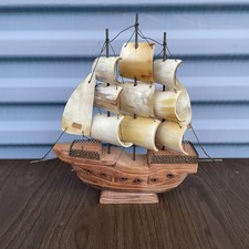 Vintage Hand Carved Wooden Ship Wire Sails Made Of Genuine Horn