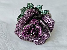 925 Sterling Silver Rose Flower Ring Violet Purple Green Pave GORGEOUS 
