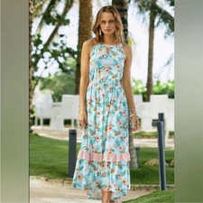 CABANA LIFE Cayman Tie Waist Maxi Dress Swim Cover-up Blue Floral Sz M EUC
