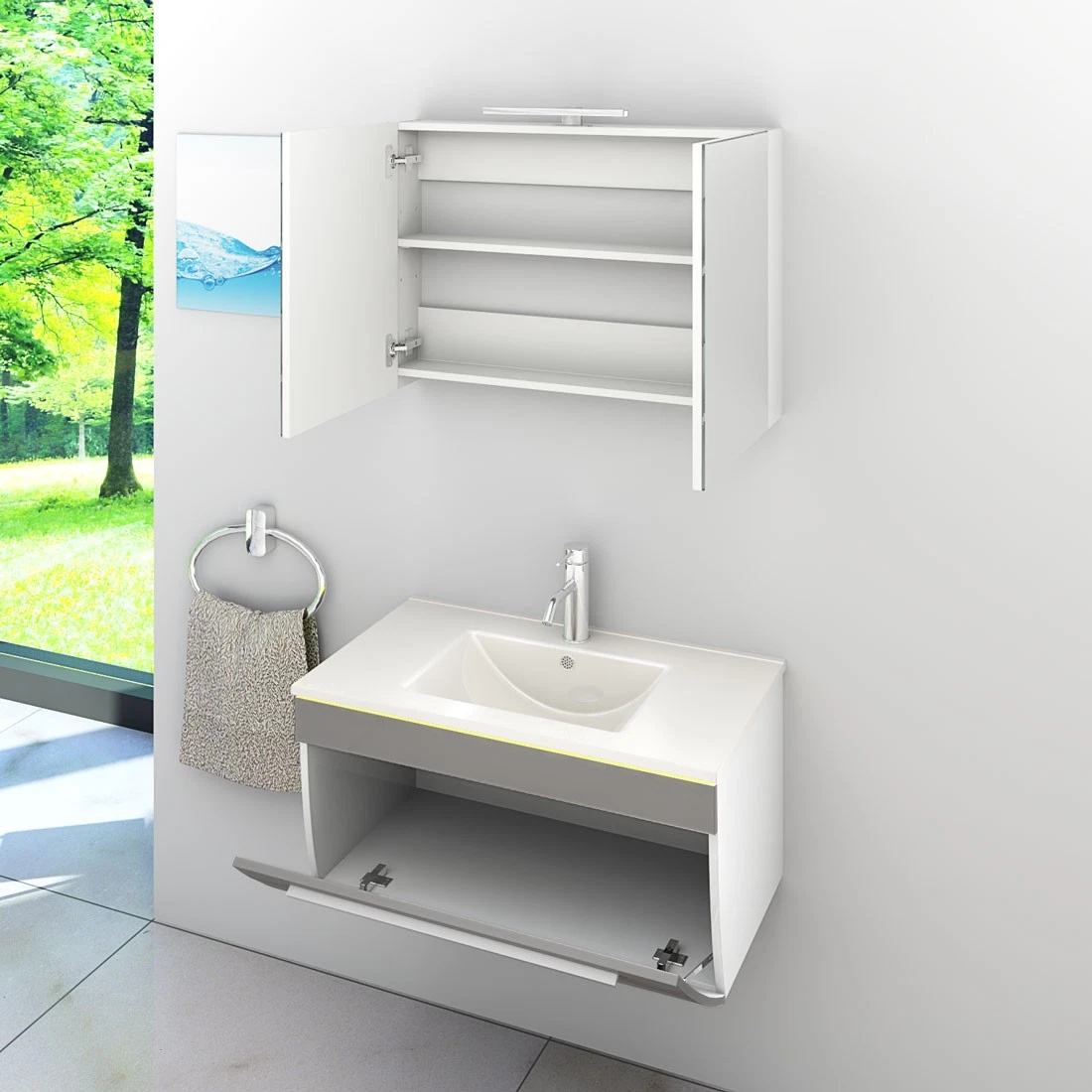 Badmöbel Set Gently 3 V1 Weiß/Grau MDF Waschtisch 80cm