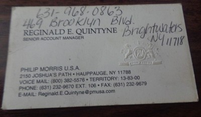 Philip Morris U.S.A  Reginald E Quintyne account mang New York N Y Business Card
