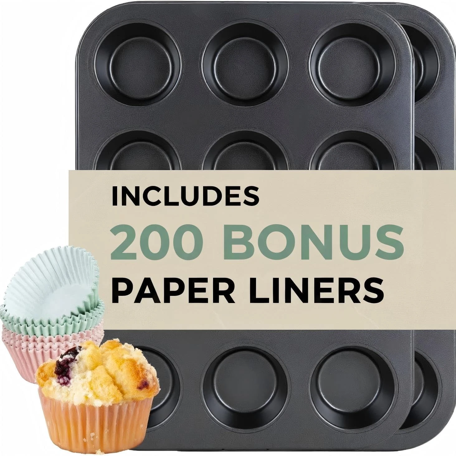 2 Pack Muffin Pans with 200 Cupcake Liners, Nonstick 12-Cup Muffin Tins, Carb...