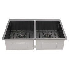 Kitchen Sink Rectangular Dual Bowl 304 Stainless Steel with Drainage Grid Black