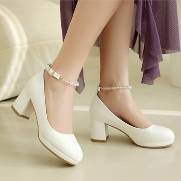 Women's Platform High Heel Shoes Beads Ankle Strap Round Toe
