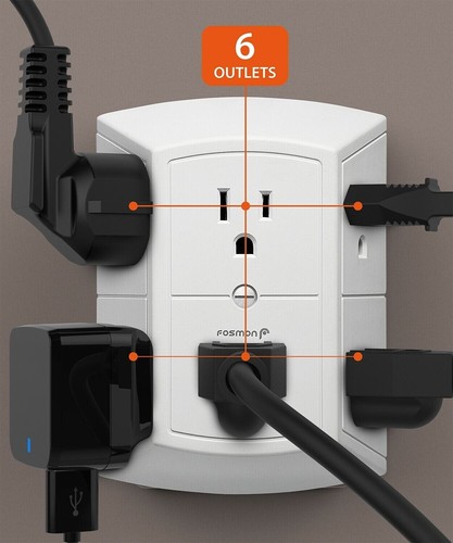 6 Outlet Grounded Wall Tap Adapter Multi Plug Extender for Travel Cruise Ship - Picture 3 of 7