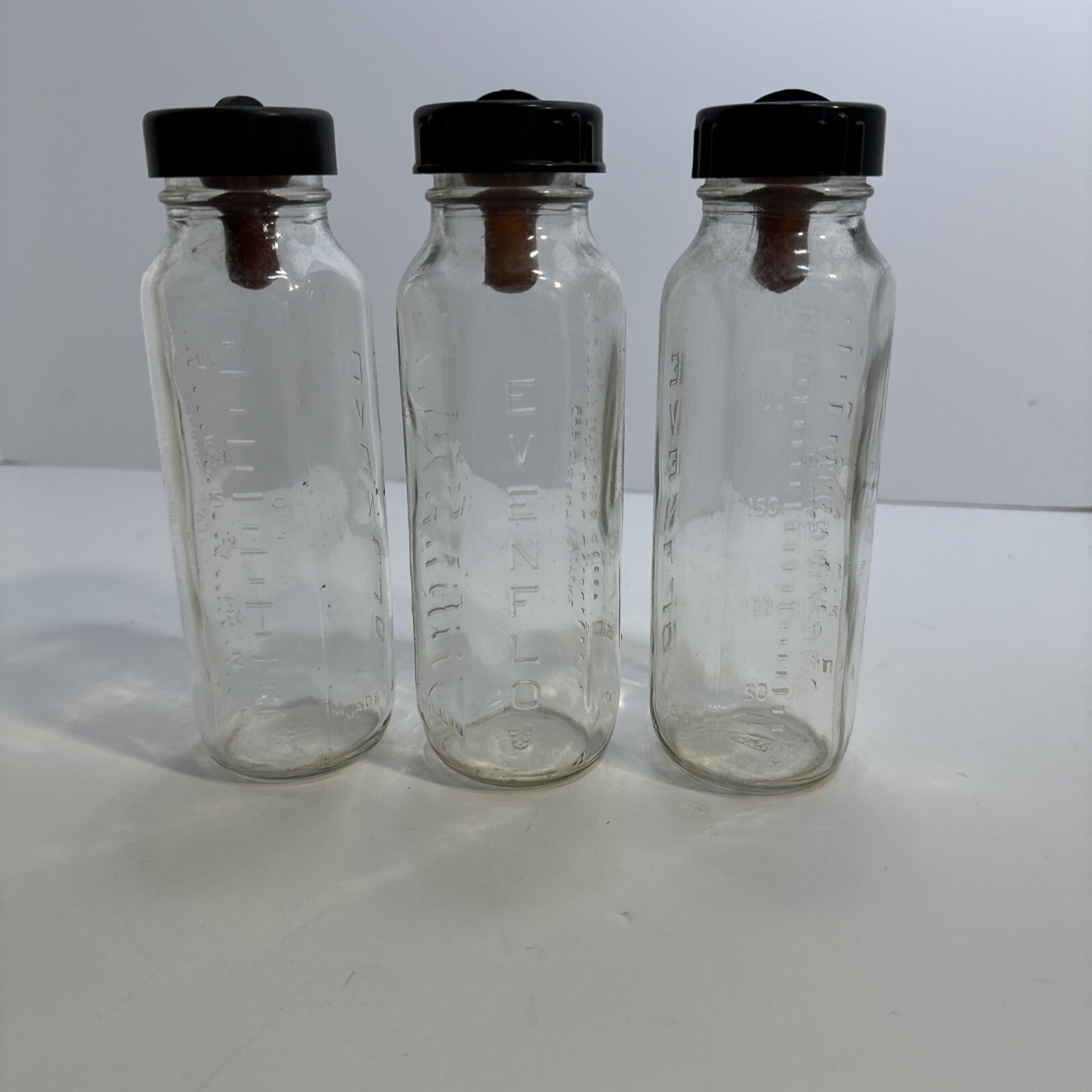 Lot of 3 Vintage Evenflo Glass Baby Bottles w/Original Nipples