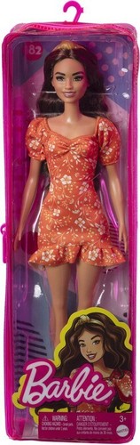 Barbie Long Wavy Brunette Hair Headband Orange Flower Printed Designer Doll - Picture 11 of 12