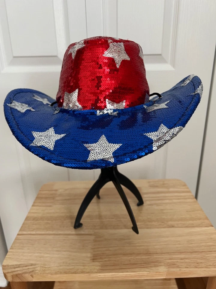 SOMBRERO VAQUERO ROJO BLANCO AZUL LENTEJUELAS PATRIÓTICAS, BANDERA AMERICANA POLÍTICA, 4 DE JULIO Foto 2 de 4