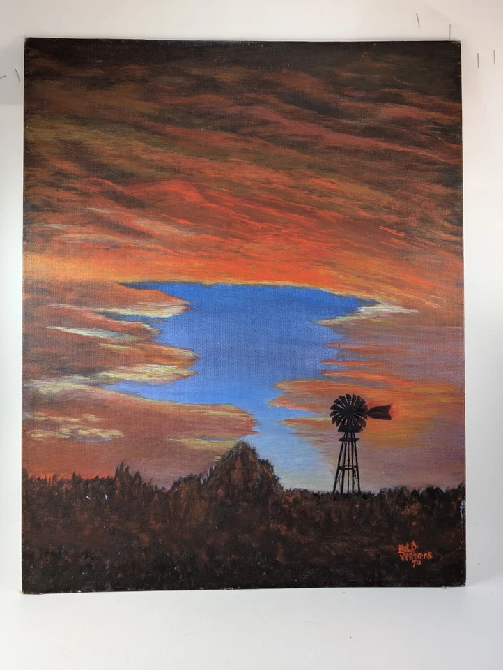Molino de viento Ed B Waters Southern al atardecer.  Pintura al óleo original.  Firmado 1970. Foto 4 de 4