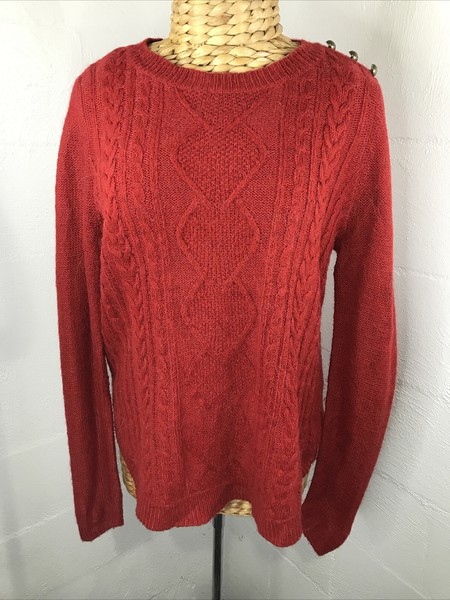 Sussan Red Alpaca Wool Blend Fine Cable Knit Pullover Brass Shoulder Button Sz M