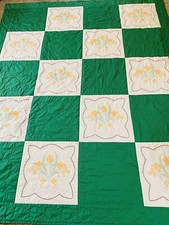 Vintage 90 x 72" Hand Quilted CROSS STITCH TULIP QUILT 10 Flower Blocks