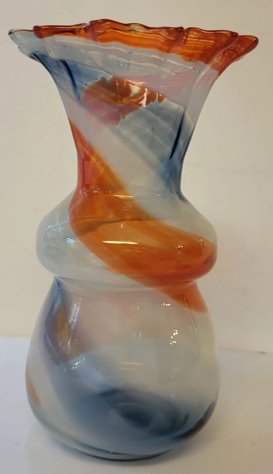 Patriotic Glass Vase Red, White & Blue Swirls Fluted Rim 6.5" Quality Modern - Image 2 of 4