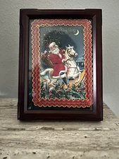Christmas Standing Wood Frame/Wall Decor Santa Rocking Horse Victorian Postcard