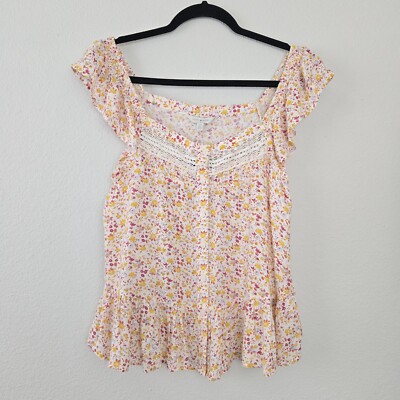 Lucky Brand Dainty Floral Button Front Flutter Sleeve Square Neck Top Size S