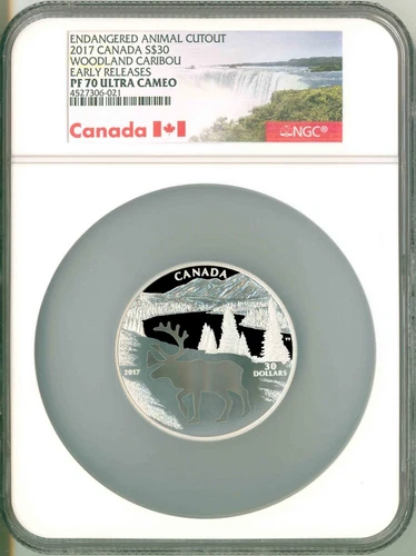 2017 Canada $30 Endangered Animal Cutout Woodland Caribou 1.7 Oz. ER NGC PF70 UC