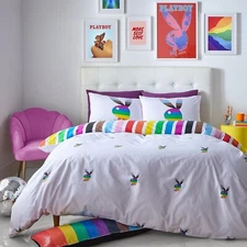 Playboy Rainbow Bunny Duvet Cover Reversible Quilt Bedding Bed Set Single, White