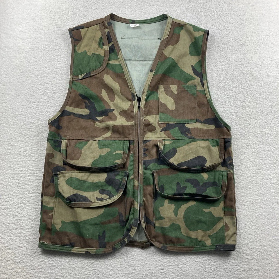 Vtg Woodland Camo Zip Vest Mens Small Green Camouflage Shell Loops Bird Hunting - Image 2 of 4