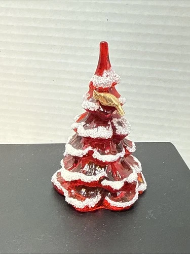 Fenton Art Glass Ruby Red 3” Flocked Christmas Tree with Gold Tone Cardinal Bird