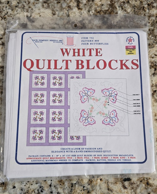 Jack Dempsey Needle Art White Quilt Blocks Item 732 Pattern #99 Four Butterflies