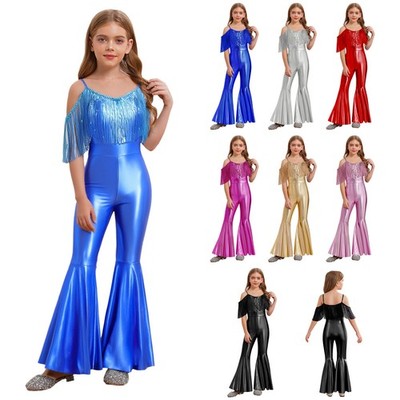 Kids Girls Straps Flared Disco Jumpsuits Hippie Fancy Dress Up Fringed Cosplay