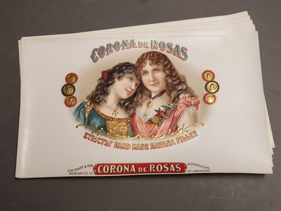 Vtg Lot of 10 Early 1900s Cigar Box Labels - Corona de Rosas - Embossed 10''x6''