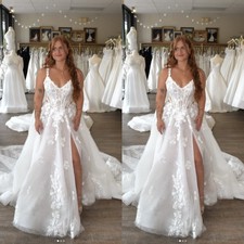 Beach Wedding Dresses Side Slit Flower Appliques Tulle Sweep Train Bridal Gown