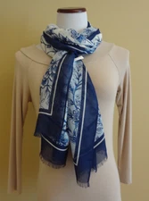 Vintage NWT Talbots Off White Blue Floral Silk Blend Oversized Wrap Shawl Scarf