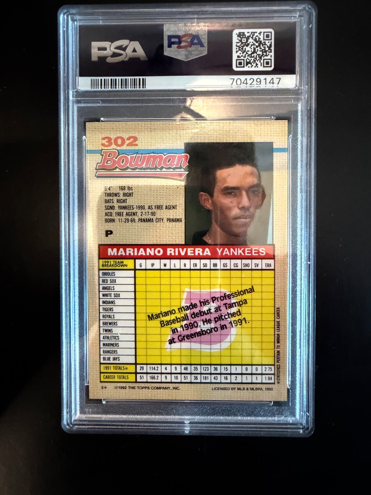 1992 Bowman 302 Mariano Rivera Rookie Card - PSA Authentic Auto 10 view 2