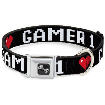 Dog Collar Bone GAMER 1/Heart 8-Bit Black/White/Red Small 9.5-13'' (US IMPORT)
