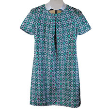J Crew SIlk Dress Womens 4 Shift Green Navy Geo Print Preppy Chic Short Sleeve