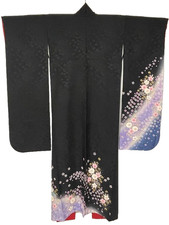 Vintage Furisode Silk Kimono Yuzen Sakura Cherry Blossom Black M 61in Trad