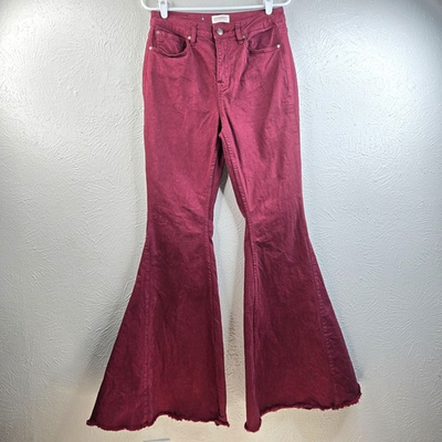 #ad Boho Flare Jean Size 30x34 Tall Burgundy Red Denim High Rise Western Bell Bottom $29.99