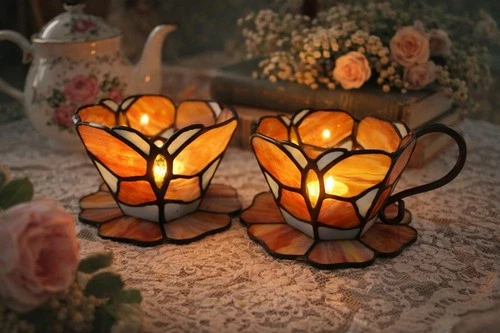 Vintage Tiffany Style Stained Glass Teacup Votive Candle Holders Cottagecore 2