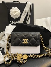 NEW CHANEL Caviar Clutch With Chain Mini Black Gold Coin Strap