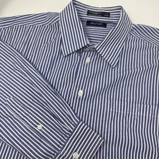 Nautica Dress Shirt Mens 17 34/35 Blue Stripe Button Front Long Sleeve Cotton