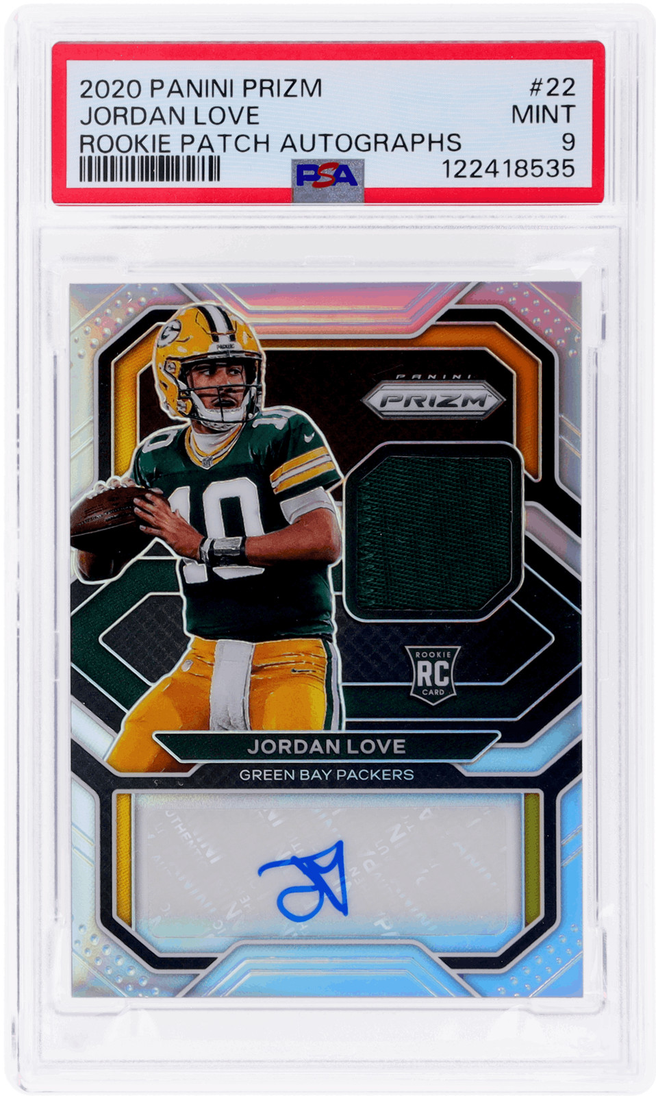 2020 Panini Prizm Jordan Love Rookie Patch Auto Silver #22 /99 PSA 9 Rookie RC