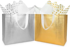 18 Pcs Large Gold & Silver Gift Bags Bulk with Tissues Paper - gold silver 