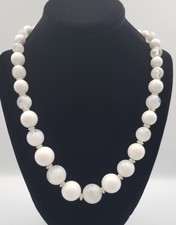 Vtg White Chunky Opaque Acrylic Lucite Swirled Beaded Necklace Granny Core 28"