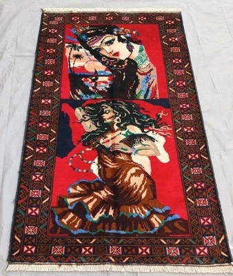 Handmade  Pictorial Area Rug Vintage Folk Art Wall Hanging  Traditional 148x86cm